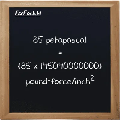 How to convert petapascal to pound-force/inch<sup>2</sup>: 85 petapascal (PPa) is equivalent to 85 times 145040000000 pound-force/inch<sup>2</sup> (lbf/in<sup>2</sup>)